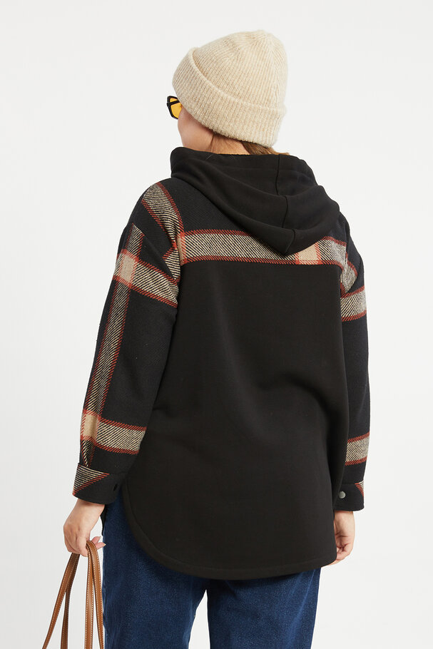 CHECK HOODED SHIRT WITH MIX FABRIC