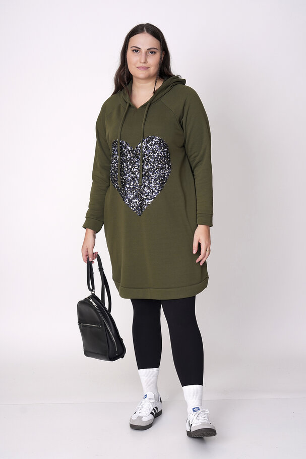 COTTON SWEATSHIRT DRESS WITH HEART SEQUIN DETAIL