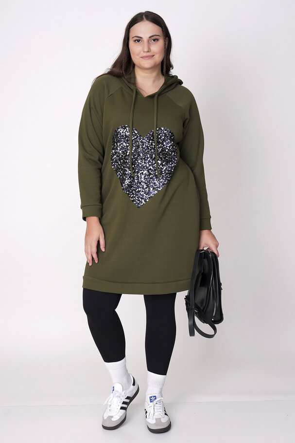 COTTON SWEATSHIRT DRESS WITH HEART SEQUIN DETAIL