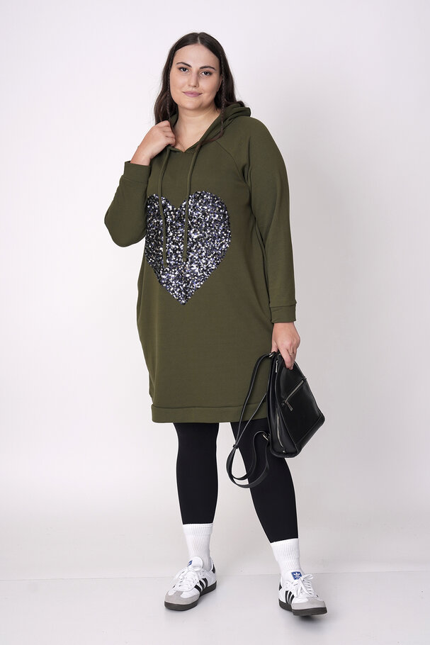 COTTON SWEATSHIRT DRESS WITH HEART SEQUIN DETAIL